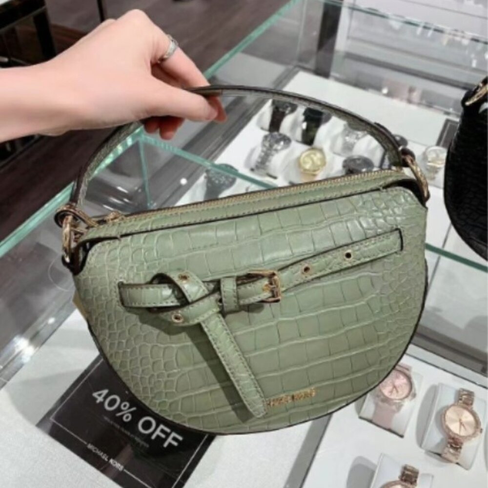 NWT Michael Kors Emilia Half Moon crossbody Bag Leather Army Green (Olive)